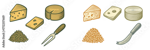 Collection of various cheese types including wedges, blocks, wheels, and shredded cheese with serving tools