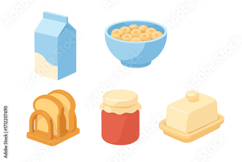 Delicious and essential breakfast items including a milk carton, bowl of cereal, toast slices, jam jar, and butter dish for morning meals