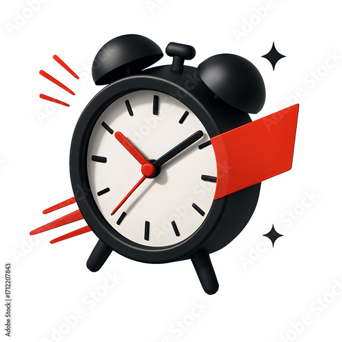 Stylized Black Alarm Clock with Red Accents and Shimmer