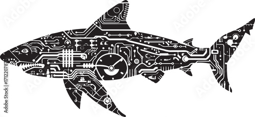 Cybernetic shark art, futuristic tech predator abstract design