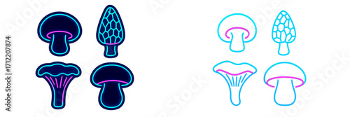 Modern collection of vibrant neon glow and outline style icons featuring various edible and wild mushrooms and fungi