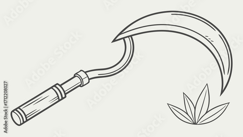 Stylized Sickle with Wooden Handle and Abstract Plant Illustration