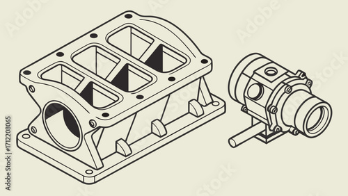 Technical Drawing of an Engine Intake Manifold and Pump Assembly