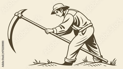 Vintage Illustration of a Farmer Using a Scythe in a Field