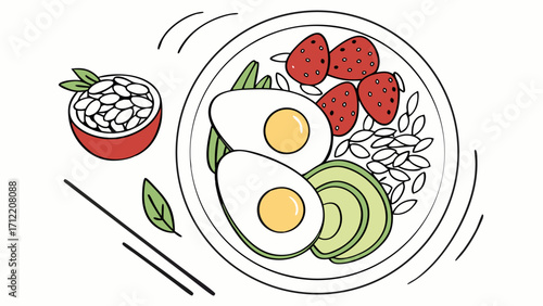 Whimsical Breakfast Bowl Illustration with Eggs Strawberries Avocado and Seeds