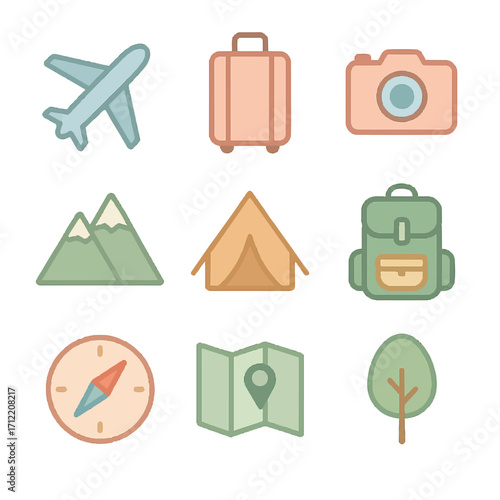 Collection of Travel and Adventure Icons with Luggage Tent and Camera for Tourism and Exploration