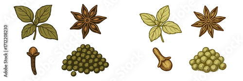 A diverse collection of aromatic herbs and spices, featuring fresh basil, star anise, cloves, and peppercorns, arranged for culinary use