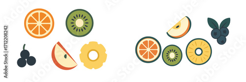 Vibrant collection of fresh fruit slices, including orange, kiwi, apple, pineapple, and blueberries, arranged in a visually appealing composition