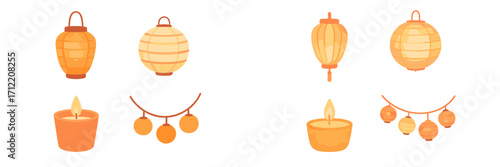 Assortment of traditional Asian lanterns, decorative string lights, and glowing candles for festive occasions and cultural events