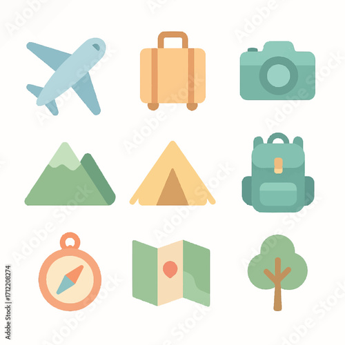 Travel and Adventure Realistic Icon Set with Luggage Camera Mountain Tent Backpack