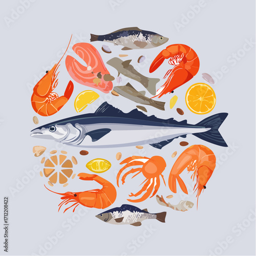 Ein vielseitiges Set aus Fisch und Meeresfrüchten als Vektorillustration