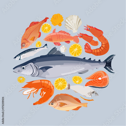 Ein vielseitiges Set aus Fisch und Meeresfrüchten als Vektorillustration