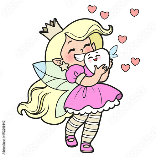 Cute cartoon tooth fairy holding a baby tooth in hands on white background
