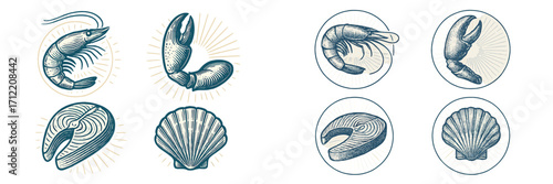 Stylized marine life icons set featuring shrimp, crab claw, salmon steak, and scallop shell designs