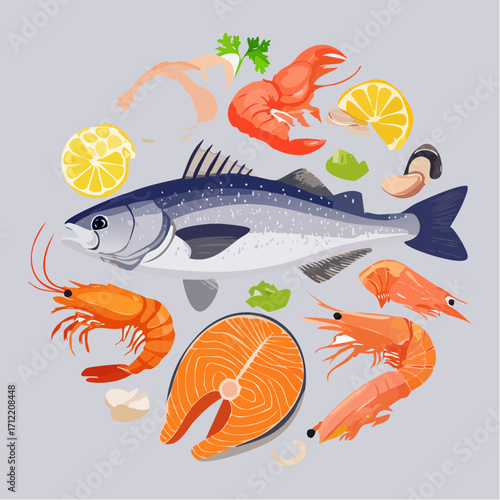 Ein vielseitiges Set aus Fisch und Meeresfrüchten als Vektorillustration