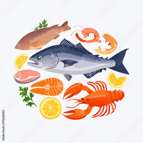 Ein vielseitiges Set aus Fisch und Meeresfrüchten als Vektorillustration