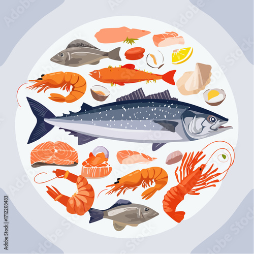 Ein vielseitiges Set aus Fisch und Meeresfrüchten als Vektorillustration