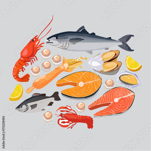 Ein vielseitiges Set aus Fisch und Meeresfrüchten als Vektorillustration