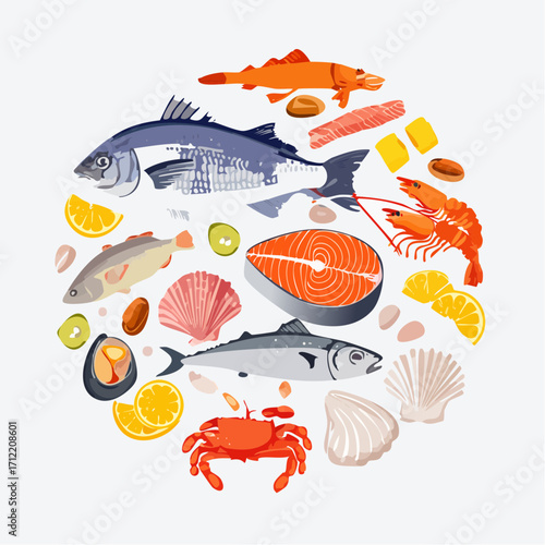 Ein vielseitiges Set aus Fisch und Meeresfrüchten als Vektorillustration