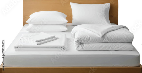 I see a neatly made bed in your image. It has a wooden headboard, white sheets, pillows, folded linens, and a duvet neatly placed on top.