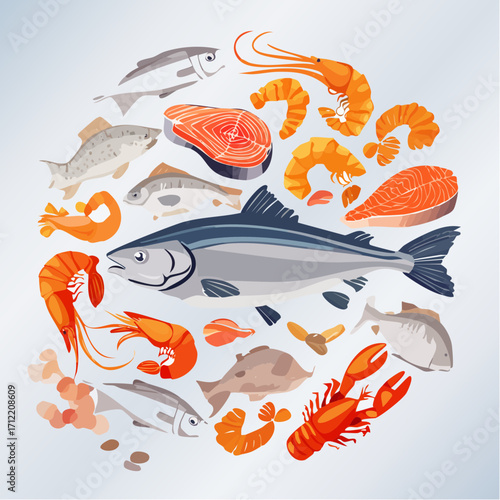 Ein vielseitiges Set aus Fisch und Meeresfrüchten als Vektorillustration