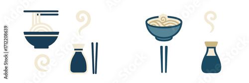 Asian noodle dishes with chopsticks and soy sauce bottles, traditional Japanese ramen and hot noodle bowls