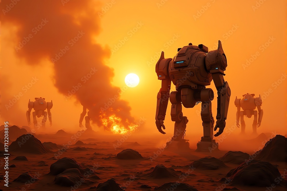 Fototapeta premium Robotic machines advance through a fiery, desert landscape at sunset.