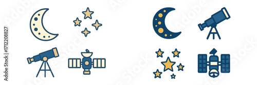 Stylized icons depicting celestial bodies like the moon and stars alongside space exploration tools such as a telescope and satellite