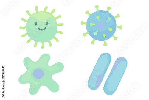 Collection of stylized microscopic organisms featuring various bacteria, viruses, and amoeba shapes in a friendly style