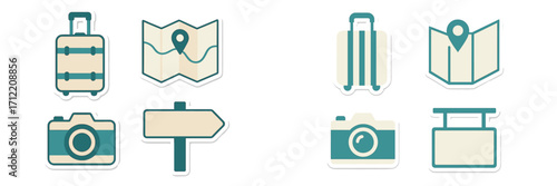 Diverse collection of travel and tourism icons featuring essential elements like luggage, maps, cameras, and directional signs for global adventures