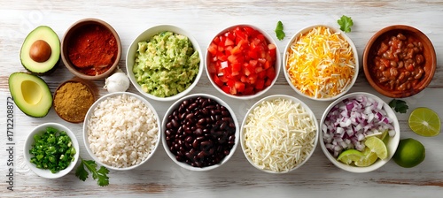 Taco bar ingredients overhead shot with avocado salsa cheese beans rice onions and other fresh toppings