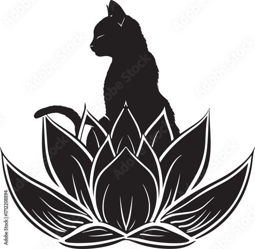 Serene cat meditating within blooming lotus flower silhouette