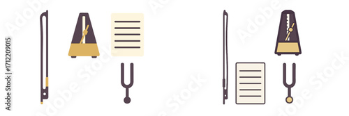 Musical instruments and tools for rhythm and pitch practice including metronome, tuning fork, music sheet, and bow