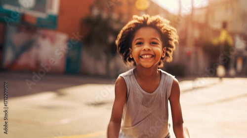 Young African American Boy Playing Basketball on Street, Smiling and Bouncing Ball in Afternoon Sun, Youth Sports and Lifestyle