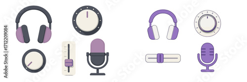 Modern audio equipment icons featuring headphones, microphones, and sound control elements, perfect for music production and digital media interfaces