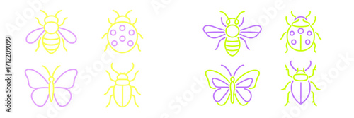 Bright neon outline insect symbols featuring various bugs: bees, ladybugs, butterflies, and beetles