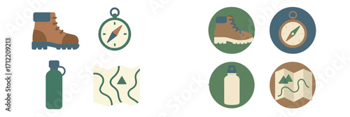 Essential equipment for hiking and outdoor adventures, featuring boots, compass, map, and water bottle for exploration and travel