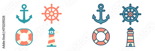 Collection of nautical marine sea ocean sailing navigation symbols set including anchor, ship wheel, lifebuoy, and lighthouse icons