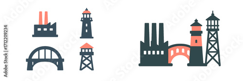 Diverse set of industrial and architectural building icons featuring factory lighthouse bridge and tower symbols