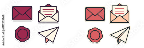 Mail and message icons with envelopes, wax seals, and paper airplanes in two color variations