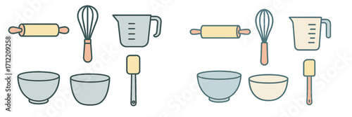 Assortment of essential kitchen baking tools and utensils including rolling pin, whisk, measuring cup, bowls, and spatula