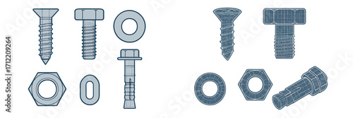 Assortment of metal fasteners and hardware for construction and repair, including screws, bolts, nuts, washers, and anchors