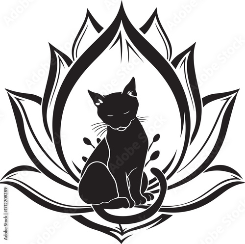 Serene black cat in lotus bloom, tranquil spirit symbol