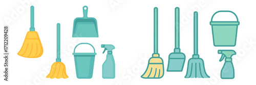 Assortment of household cleaning tools including brooms, dustpans, buckets, and spray bottles for domestic hygiene and maintenance