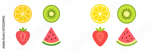 Assortment of vibrant and fresh fruit slices featuring lemon, kiwi, strawberry, and watermelon for healthy eating and summer themes