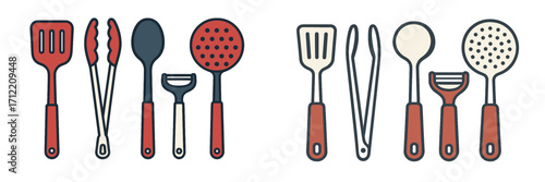 Assortment of essential kitchen utensils and cooking tools including spatulas, tongs, spoons, peelers, and skimmers in a modern flat design