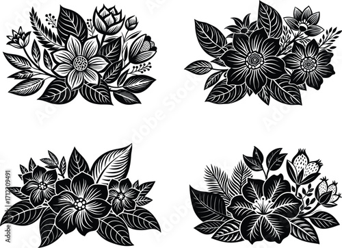 Collection of four black and white floral arrangements with leaves and berries