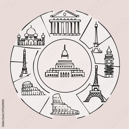 Travel the World A Circular Guide to Iconic Landmarks in a Simple Black and White Illustration, Journey Ahead!