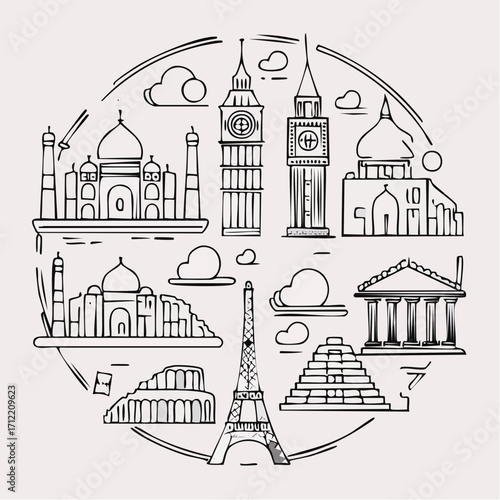 A collection of famous world landmarks and historical monuments drawn in a clean line art style, illustrating global travel and tourism concepts