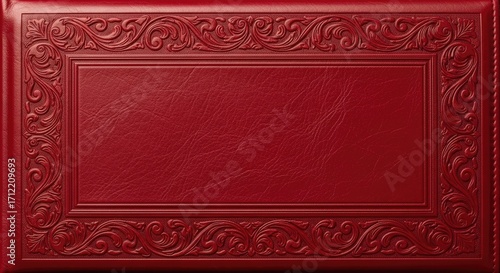 Close-up of burgundy leather book cover with embossed frame, textured surface, aged elegance, realistic detail.
